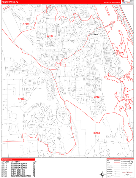 Port Orange City Wall Map Red Line Style